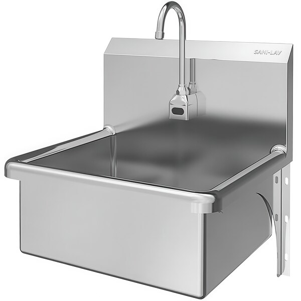 A Sani-Lav stainless steel wall-mounted sink with a battery-powered faucet.