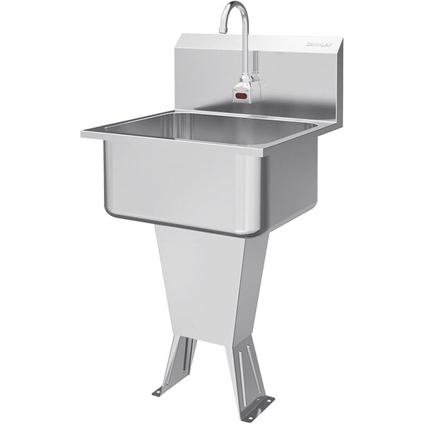 A Sani-Lav stainless steel floor-mounted utility sink with faucet.