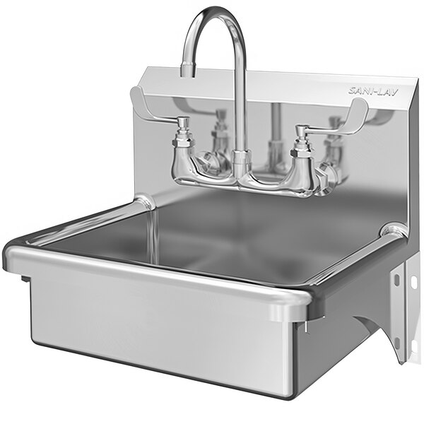 A stainless steel Sani-Lav wall-mounted hand sink with a faucet.