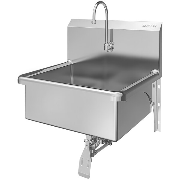 A Sani-Lav stainless steel wall-mounted sink with a knee-operated faucet.