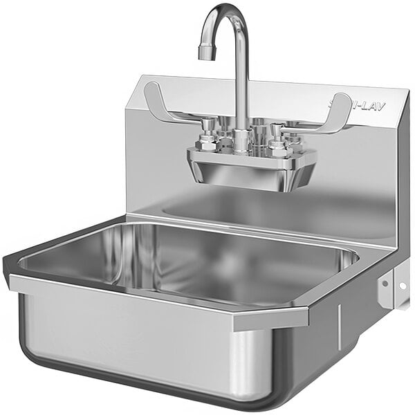 A stainless steel Sani-Lav wall-mounted hand sink with faucet.