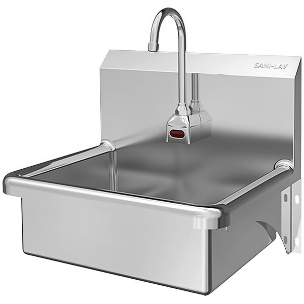 A Sani-Lav stainless steel wall-mounted hands-free sink with a battery-powered sensor faucet.