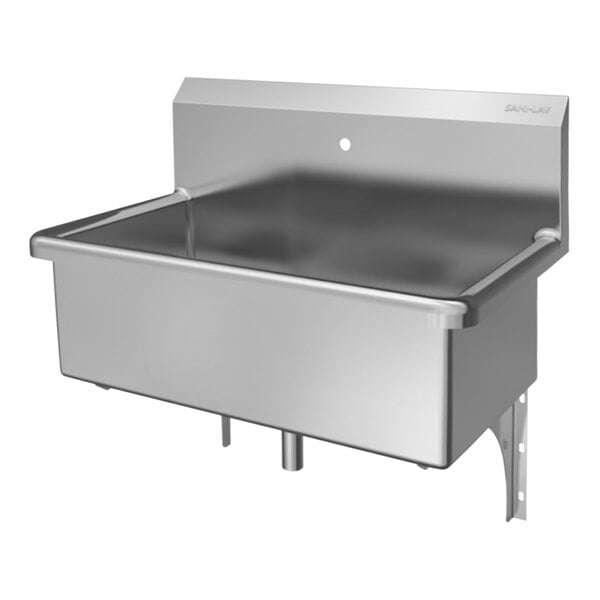 A stainless steel Sani-Lav wall-mounted scrub sink with a single faucet hole.