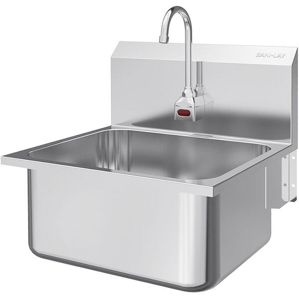 A Sani-Lav stainless steel wall-mounted sink with faucet.