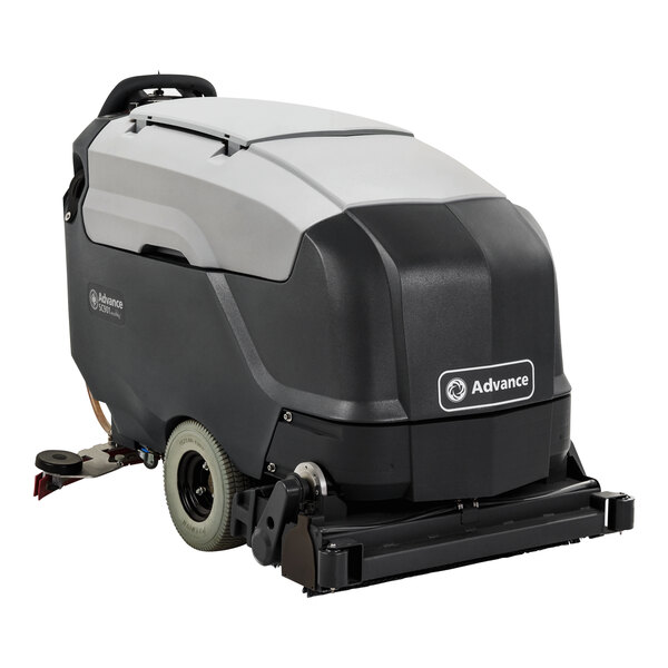 An Advance SC901 walk-behind floor scrubber machine with wheels on a white background.