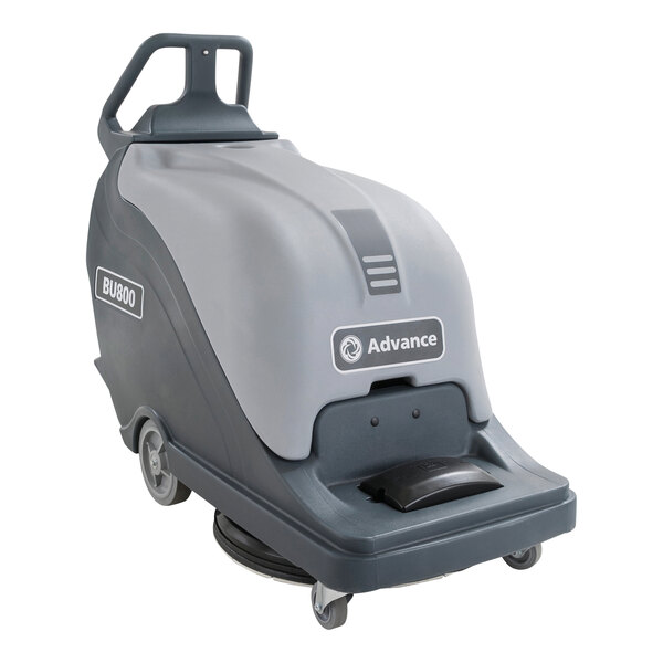 A black and grey Advance walk behind floor burnisher with wheels.