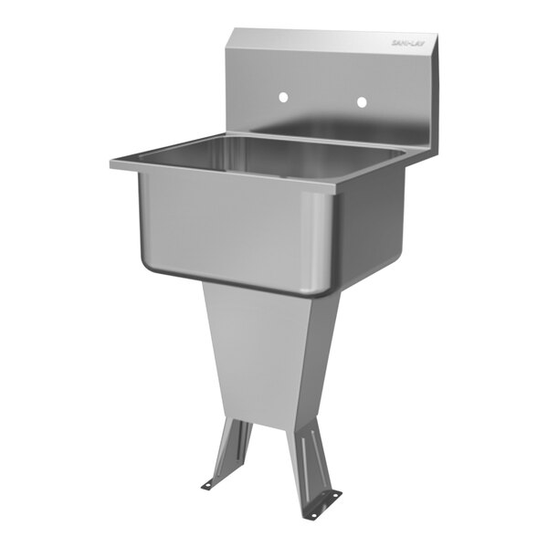 A Sani-Lav stainless steel floor-mounted utility sink with a drain.