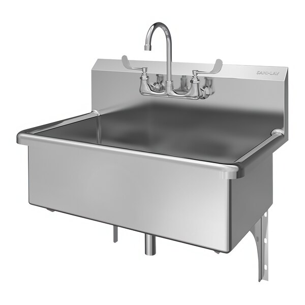 A stainless steel Sani-Lav wall-mounted scrub sink with faucet.