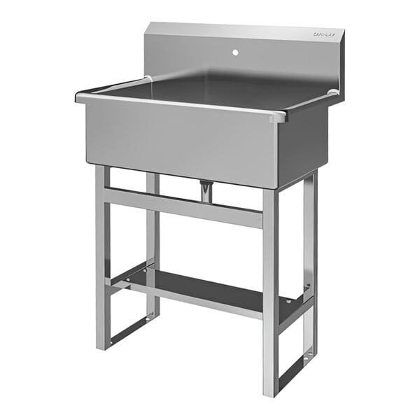 A stainless steel floor-mounted Sani-Lav scrub sink with a single faucet hole.