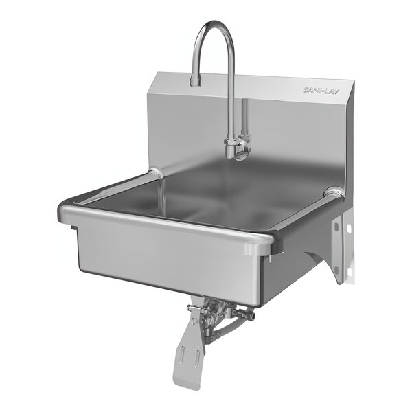 A stainless steel Sani-Lav wall-mounted utility sink with a faucet.