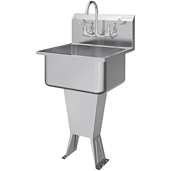 A stainless steel Sani-Lav floor-mounted hand sink with a faucet.