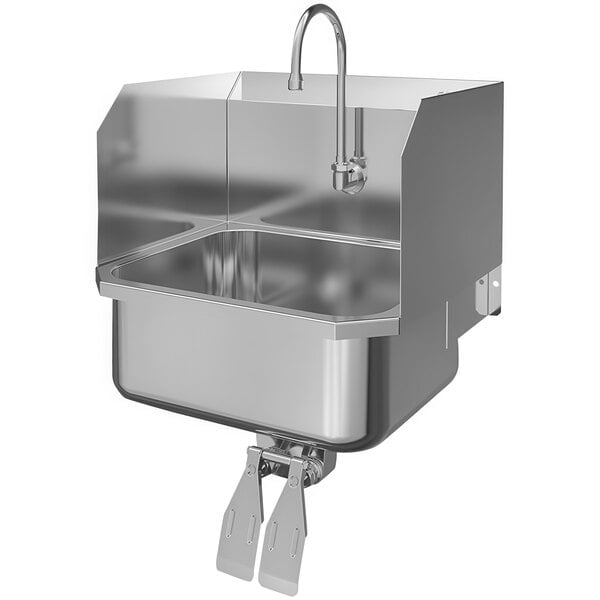 A Sani-Lav stainless steel wall-mounted sink with double knee-operated faucets.