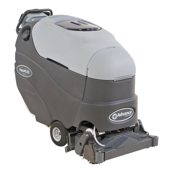 An Advance AquaPLUS carpet extractor with a grey and black finish and wheels.