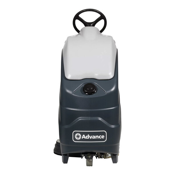 An Advance SC1500 stand-on floor scrubber with a grey and white plastic container.