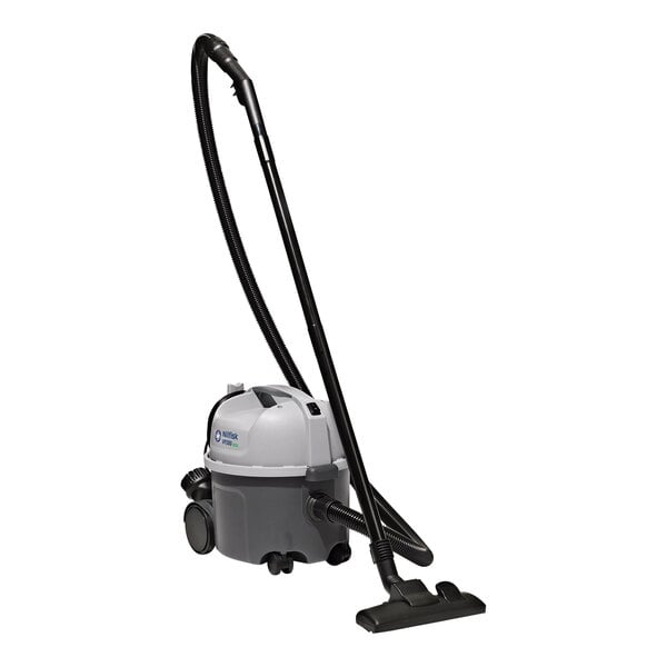An Advance VP300 canister vacuum with a black handle and white base and long tube.