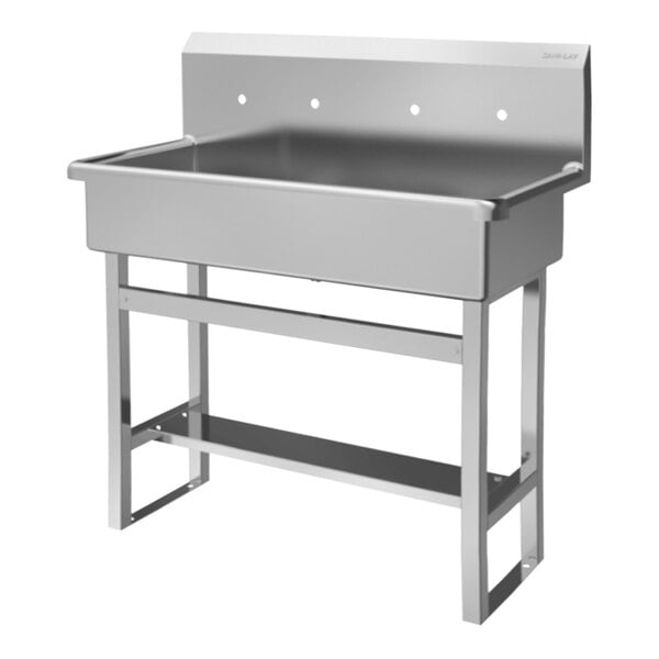 A stainless steel Sani-Lav floor-mounted multi-station utility sink.