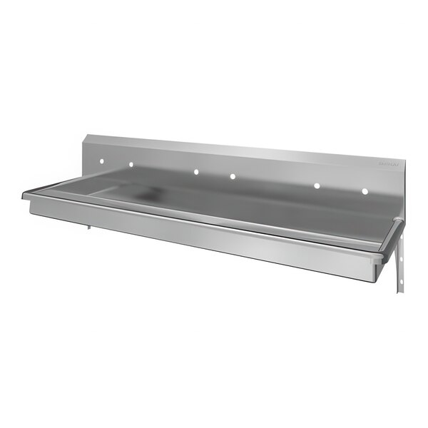 A Sani-Lav stainless steel wall-mounted multi-station hand sink with three holes.