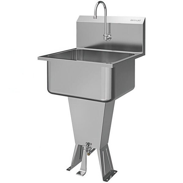 A stainless steel Sani-Lav floor-mounted utility sink with a foot-operated faucet.