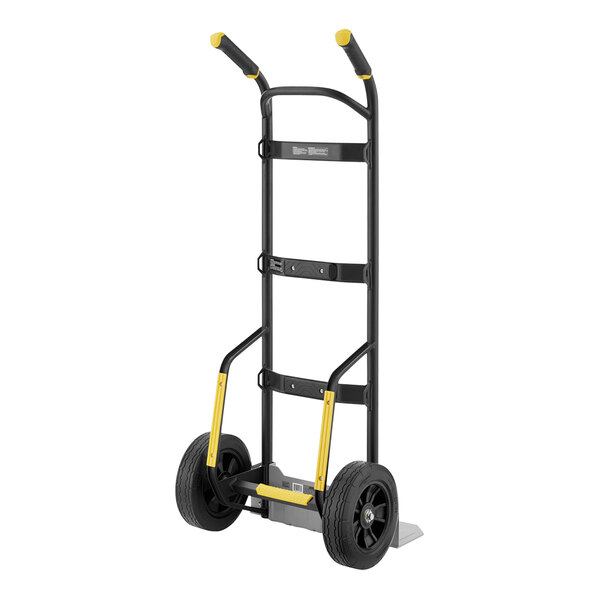 A black and yellow Gorilla steel hand truck with two rubber wheels.