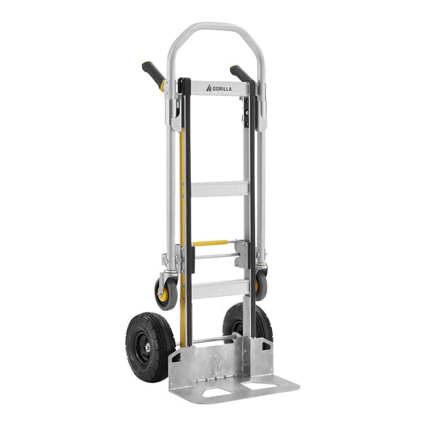 A Gorilla convertible aluminum hand truck with black wheels.