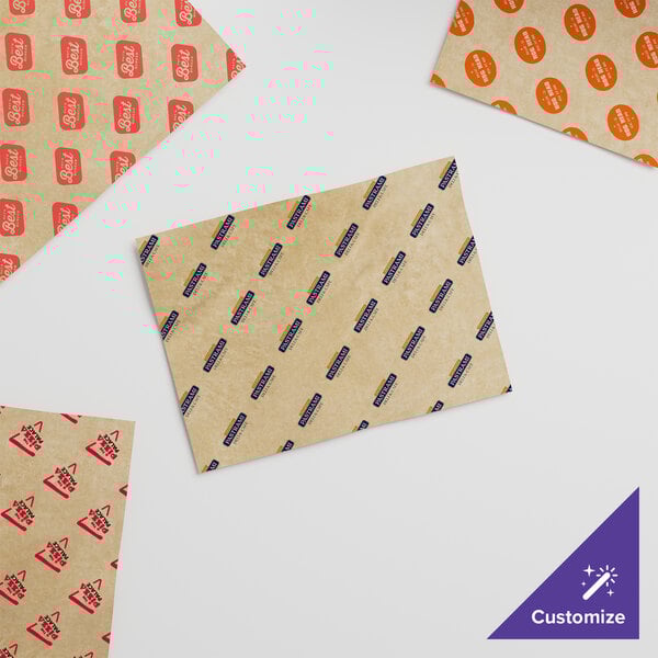 A close up of a brown paper with blue and yellow designs.