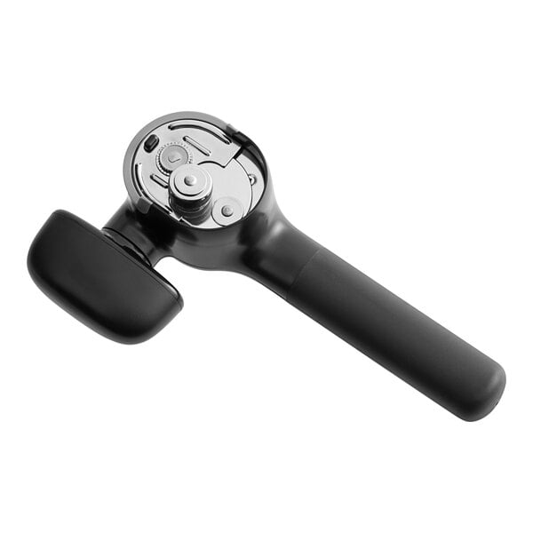 An OXO Good Grips black and silver handheld can opener.