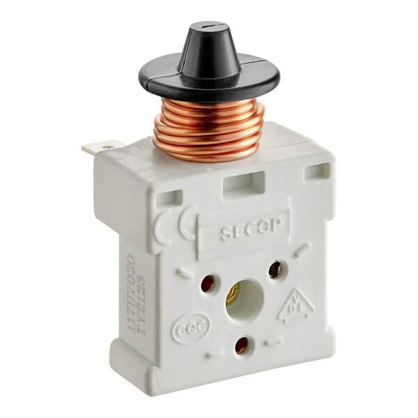 An Avantco starter with a white body and black and copper wire connectors.