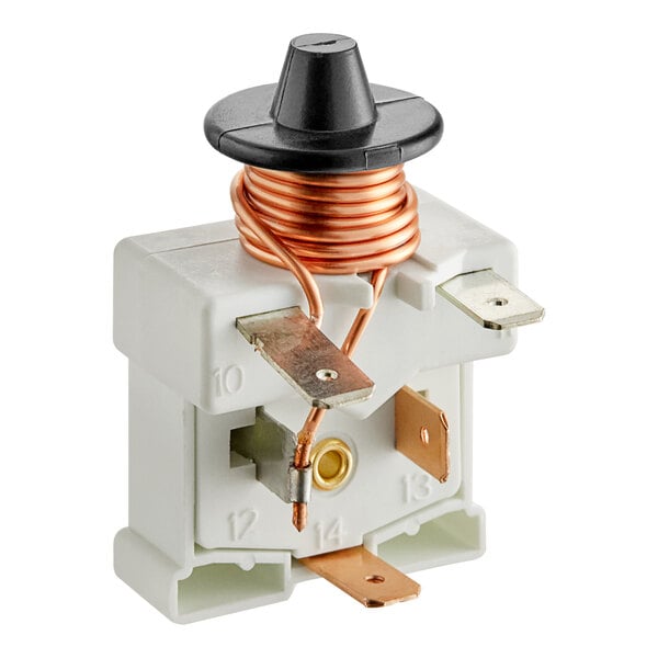 An Avantco starter with white and copper wires and a black plastic cover.