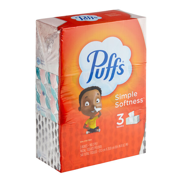 A white box of Puffs Basic facial tissue with blue and green text.