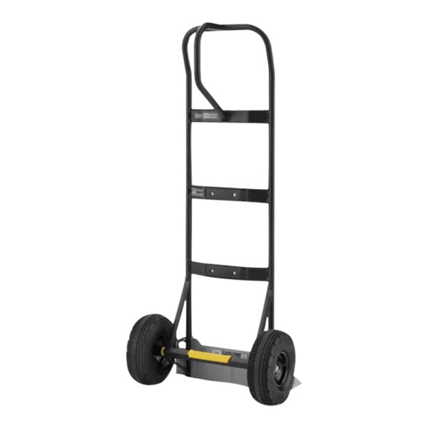 A black metal Gorilla hand truck with yellow handles and black pneumatic wheels.