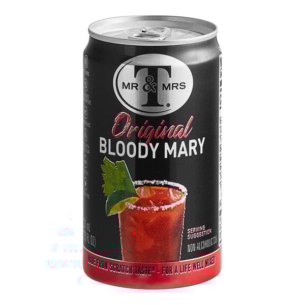 A Mr. & Mrs. T Bloody Mary mix can with a black label featuring a drink on a white background.