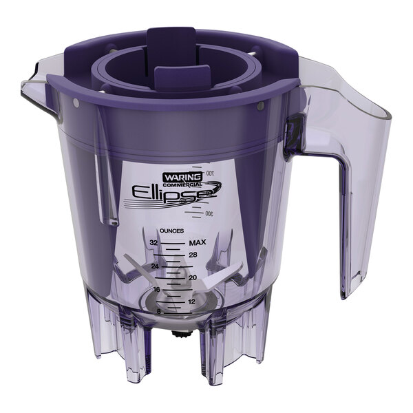 A Waring purple blender jar with clear lid and base.