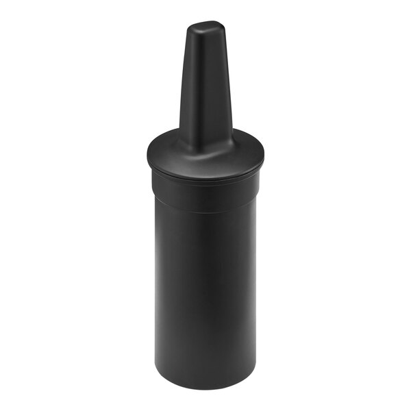 A black plastic container with a long spout and a lid.