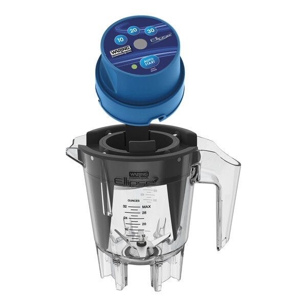 A Waring Ellipse blender jar with a blue lid and drive assembly.