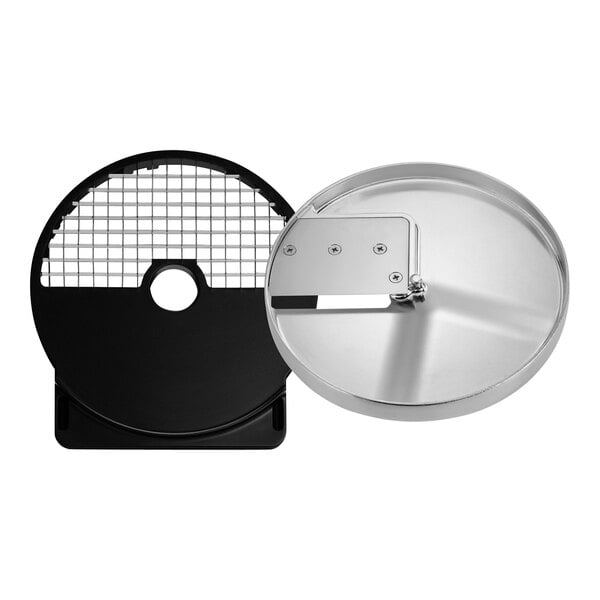 A circular metal and plastic Waring food processor disc with a punch tool.