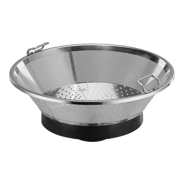 A stainless steel Waring filter basket with a black base.