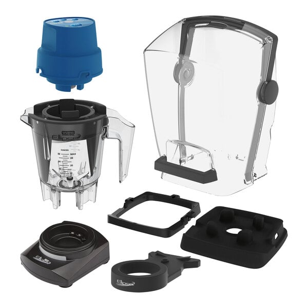 The base of a Waring Ellipse blender kit on a counter with black plastic parts and a clear container with a blue cap.