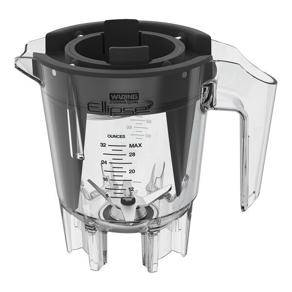 A clear plastic Waring Ellipse blender jar with a black handle.