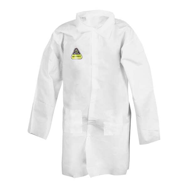 A white Cordova lab coat with three pockets and open wrists with a yellow triangle on it.