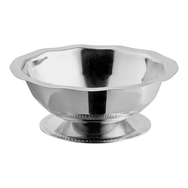 A close-up of a Choice silver paneled sherbet dish with a round base.