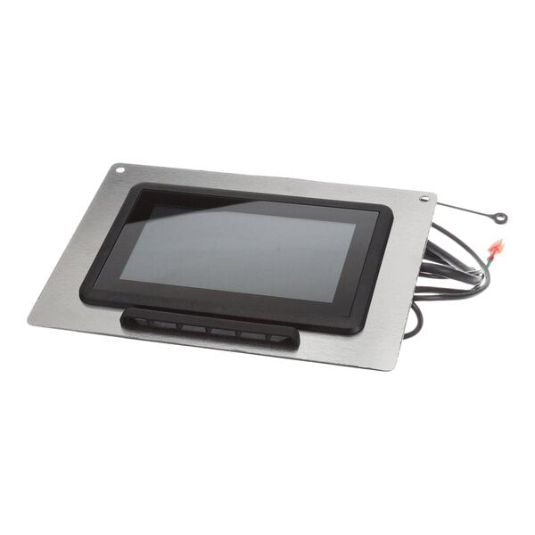 A rectangular electronic control panel with a touchscreen display and several buttons, mounted on a metal plate with attached wiring.