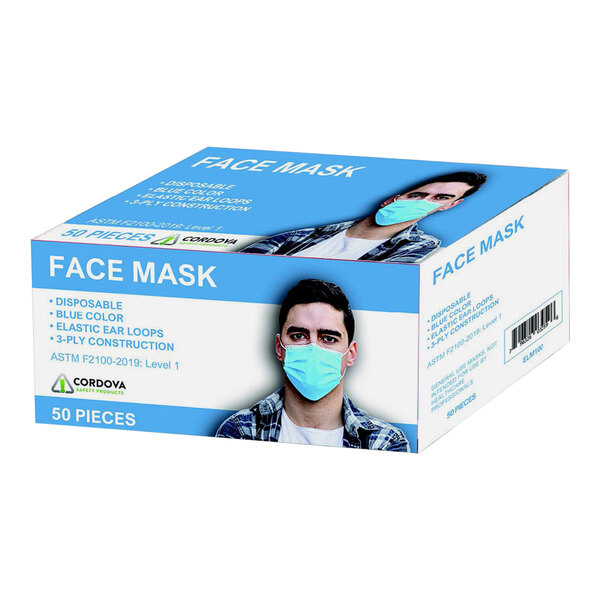 A box of 50 Cordova light blue polypropylene face masks.