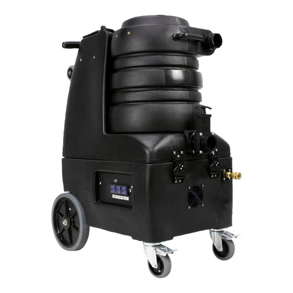 A Mytee Breeze black carpet extractor machine with wheels.