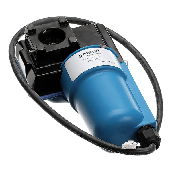 A blue and black Frymaster rotary actuator with a black cable.