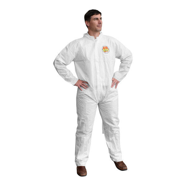 A man wearing Cordova white protective coveralls.