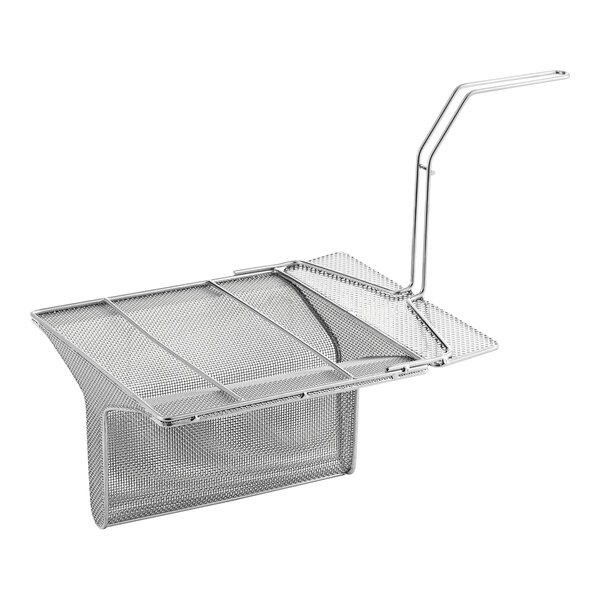 A metal mesh basket with a handle.