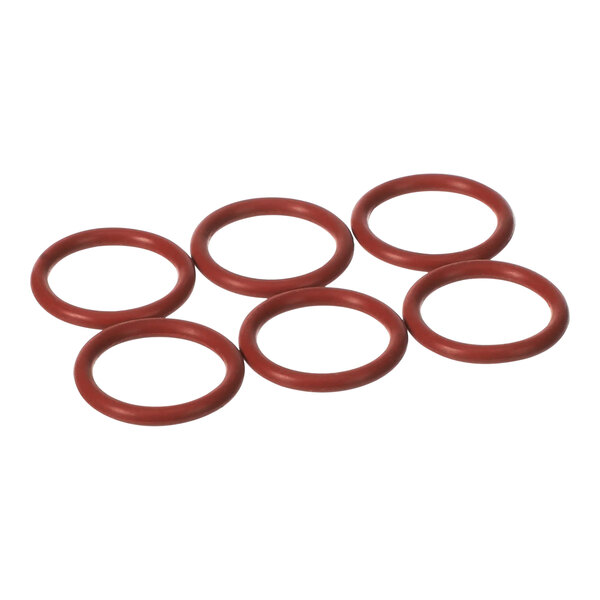 A group of six red rubber O-rings.