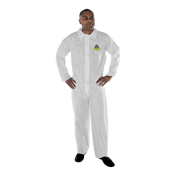 A man wearing a white Cordova protective coverall.