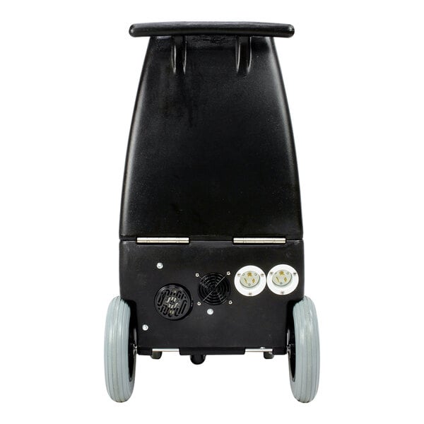 A black wheeled device with a handle, two large gray wheels, and two circular ports on the lower section.