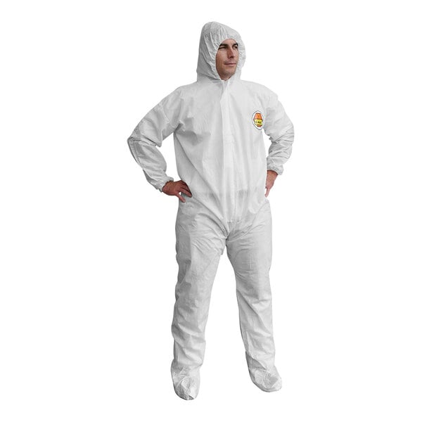 A man wearing Cordova white protective coveralls with a hood, wrist, and boot elastics.